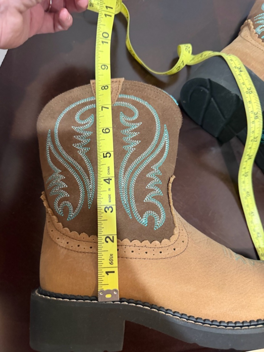 Ariat Tan and Brown Ladies Fat Baby Western Boots with Teal Stitching - Picture 6 of 7